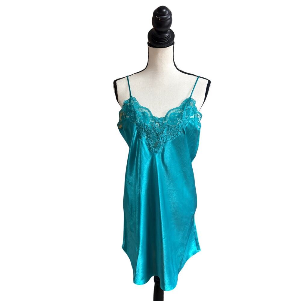 Vintage Teal Satin Lace Slip Dress Women's Medium Y2K Coquette